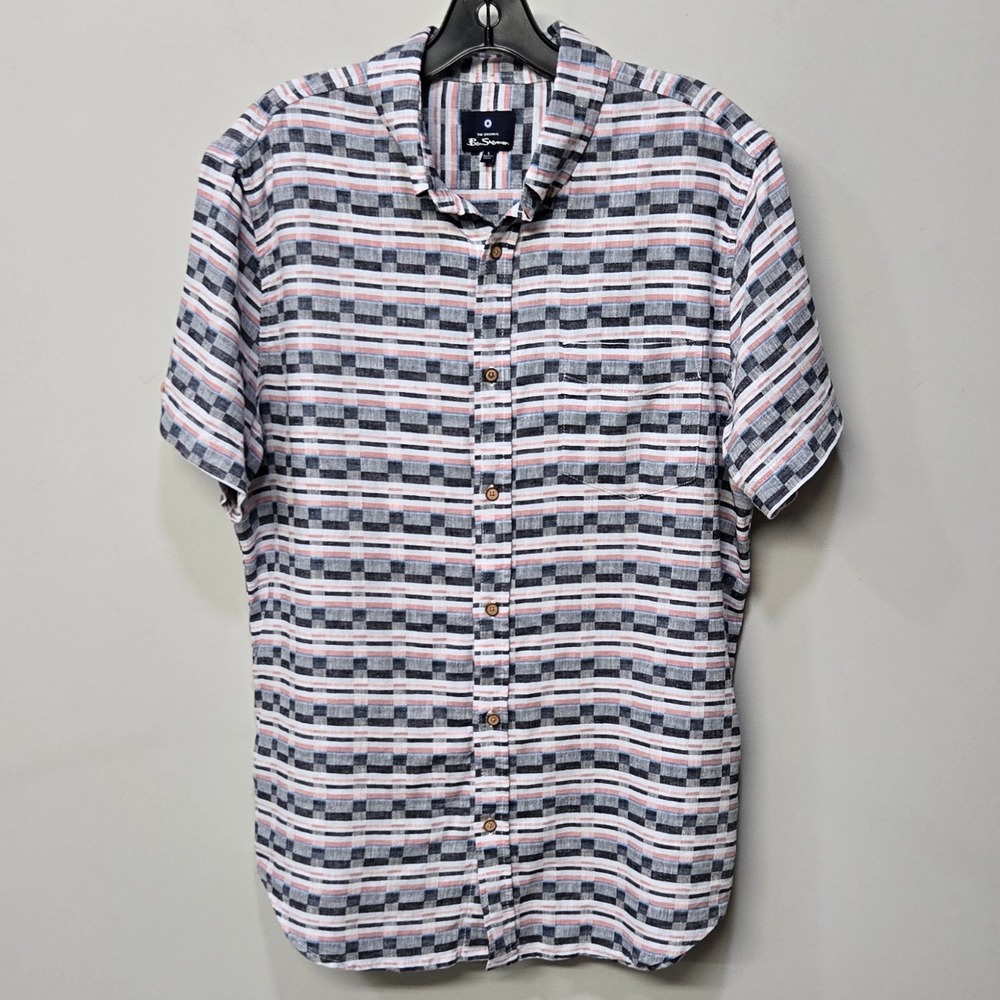 Ben Sherman Casual Button Down Shirt Large Geometric Linen Blend Mod Heritage